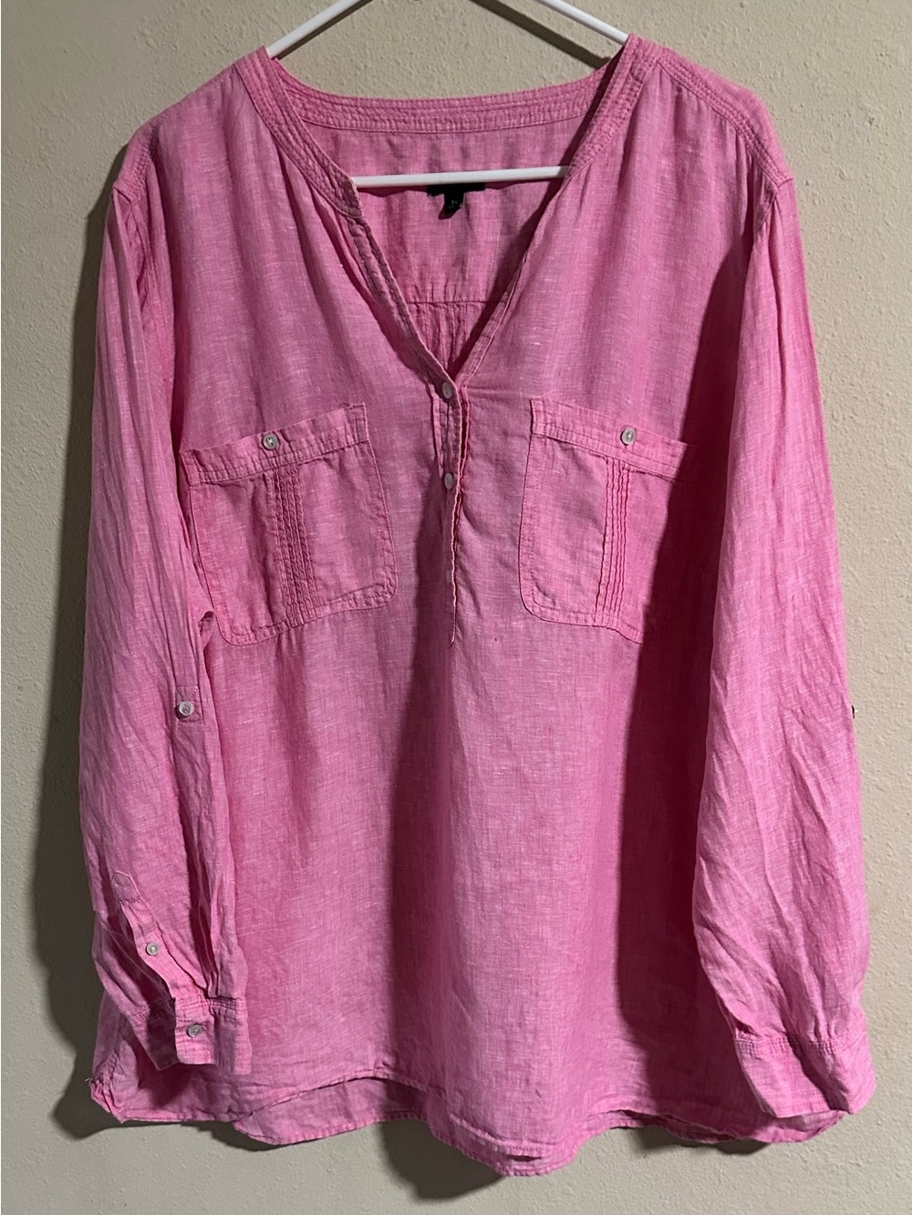 Talbots Plus 100% Linen Pink V-Neck Long Sleeve Tunic with Chest Pockets